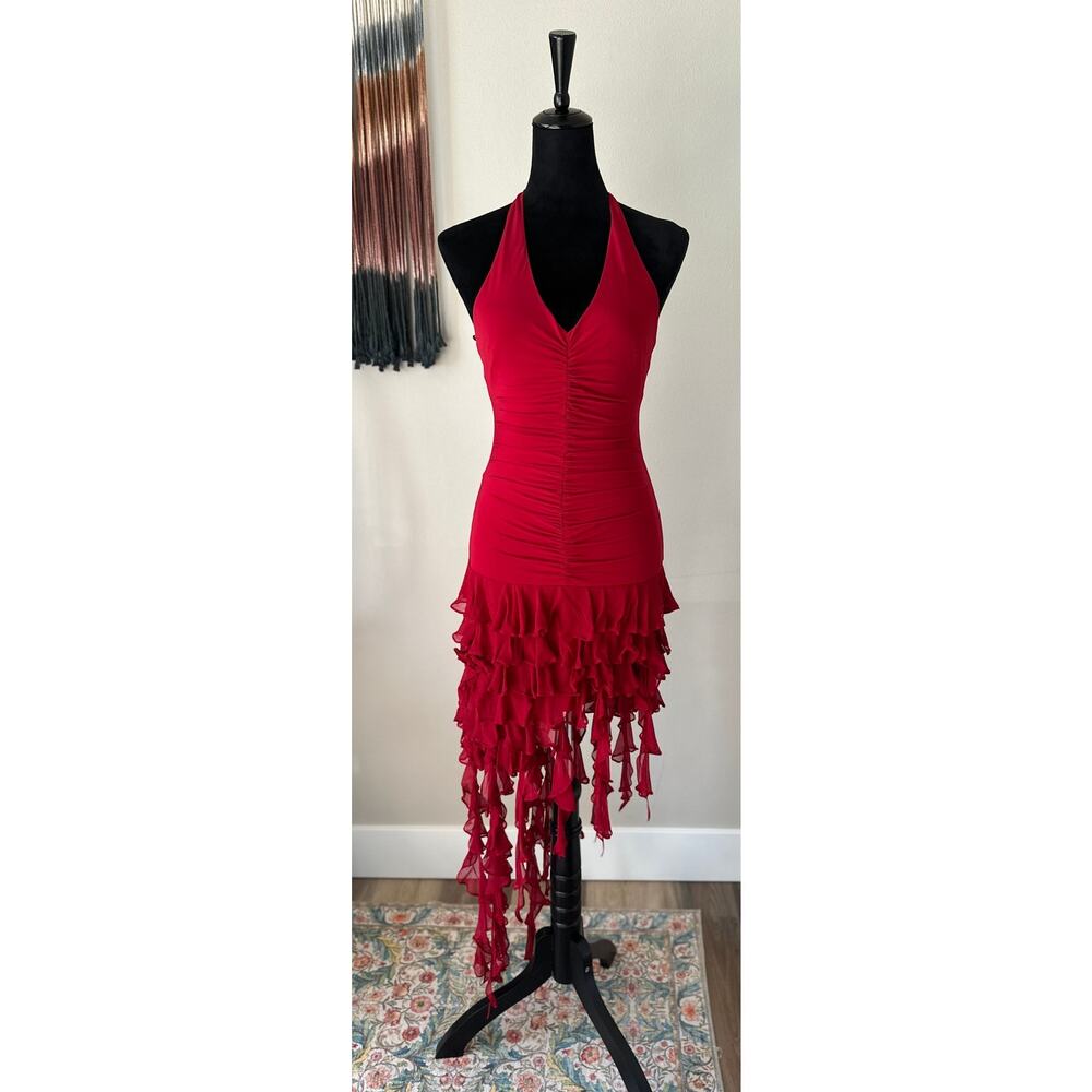 BCBG MaxAzria Y2K Ruffled Halter Neck Asymmetric Dress in Red Size XS